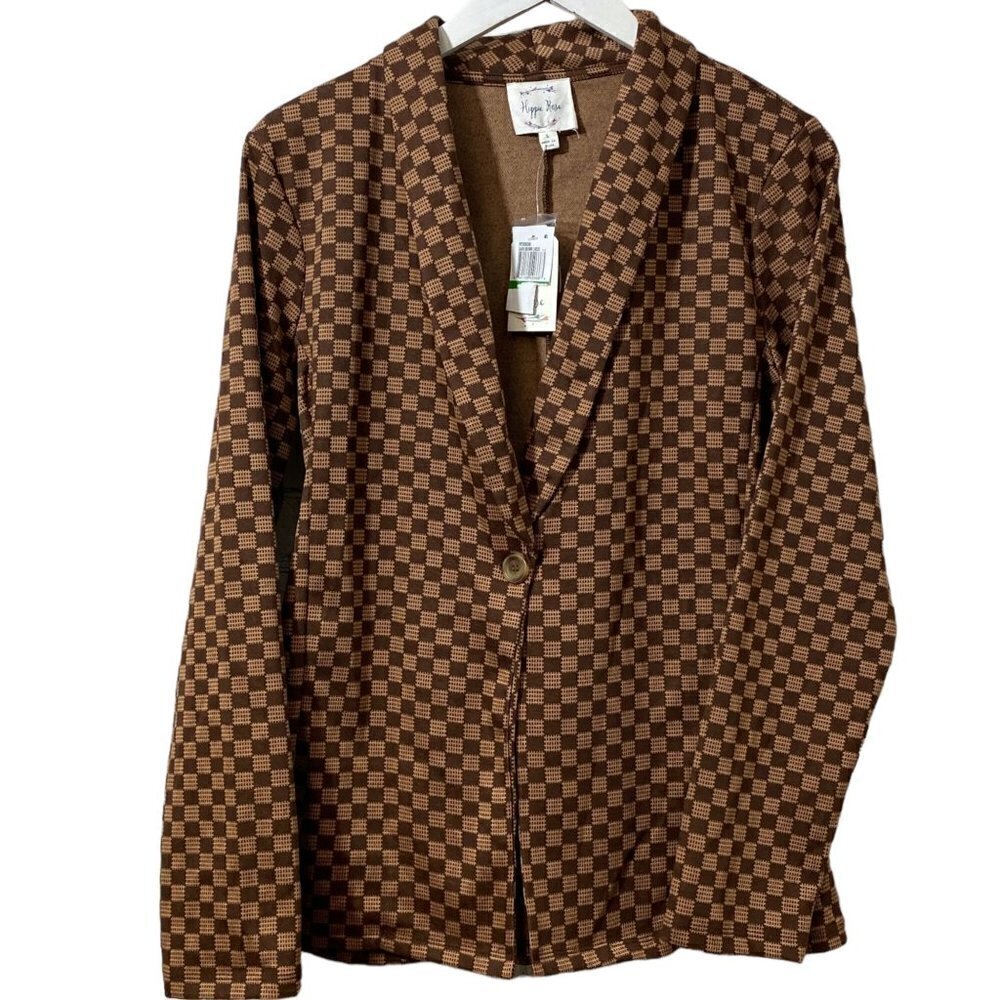 NWT Hippie Rose Jacket M/L  Brown Checkerboard Stretch Knit Blazer